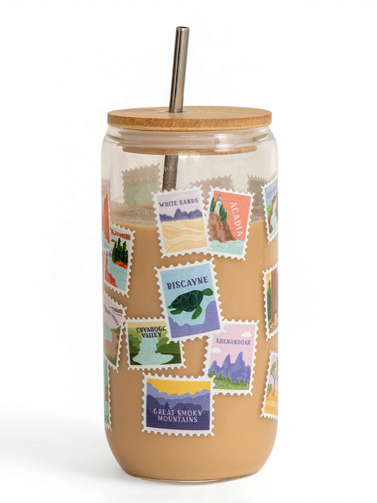 national parks postage stamps glass cup