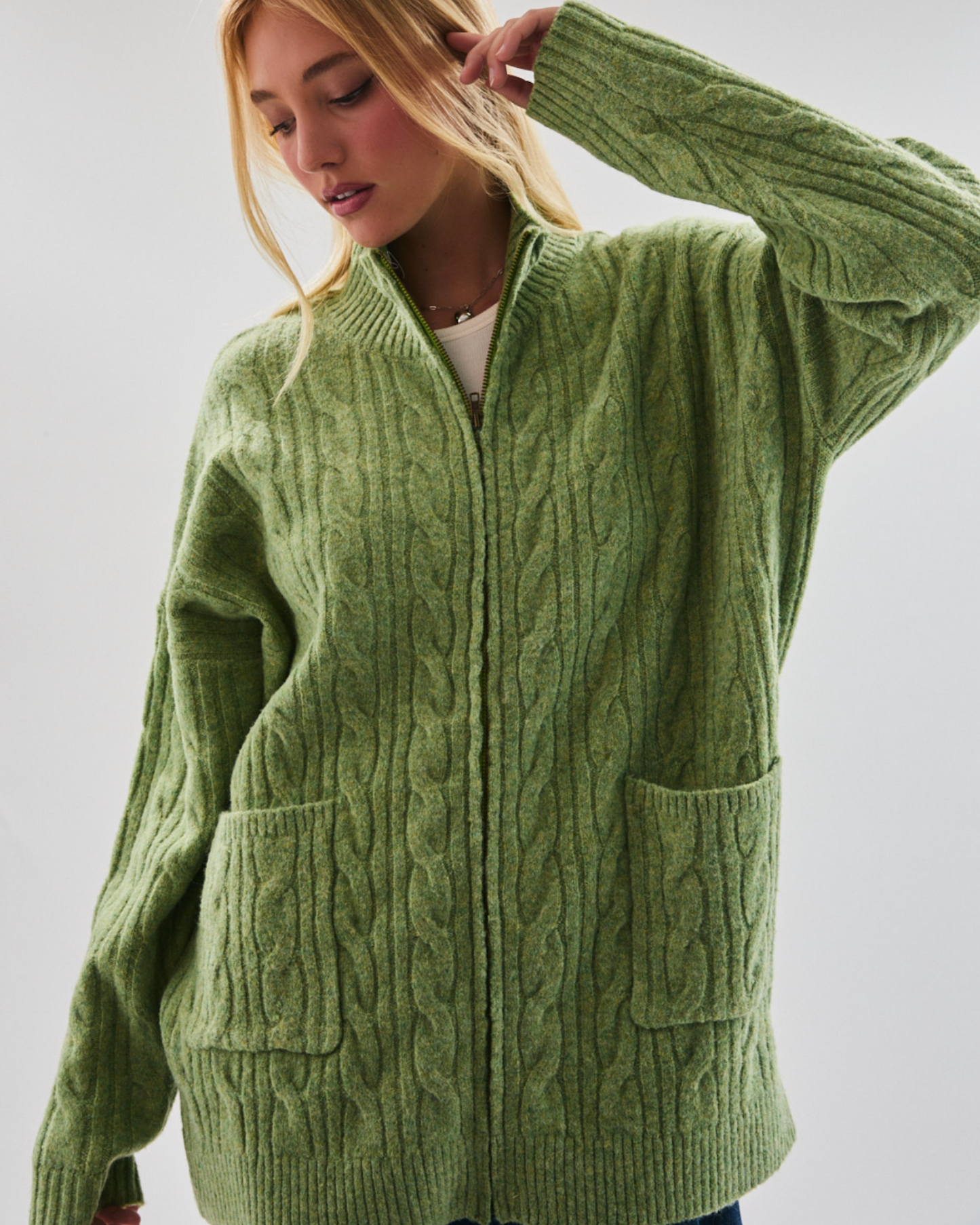 olive cable knit zipper sweater
