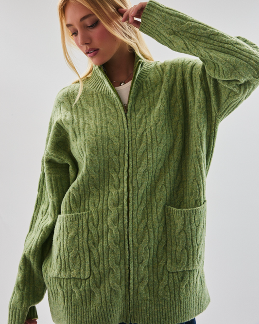 olive cable knit zipper sweater
