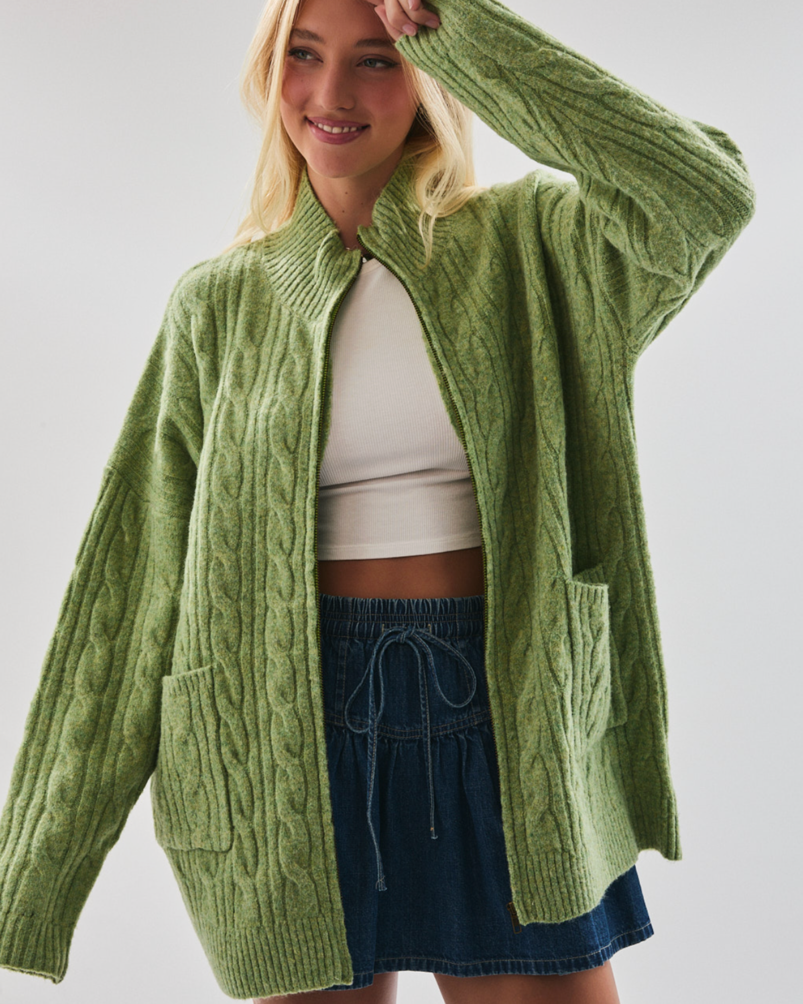 olive cable knit zipper sweater