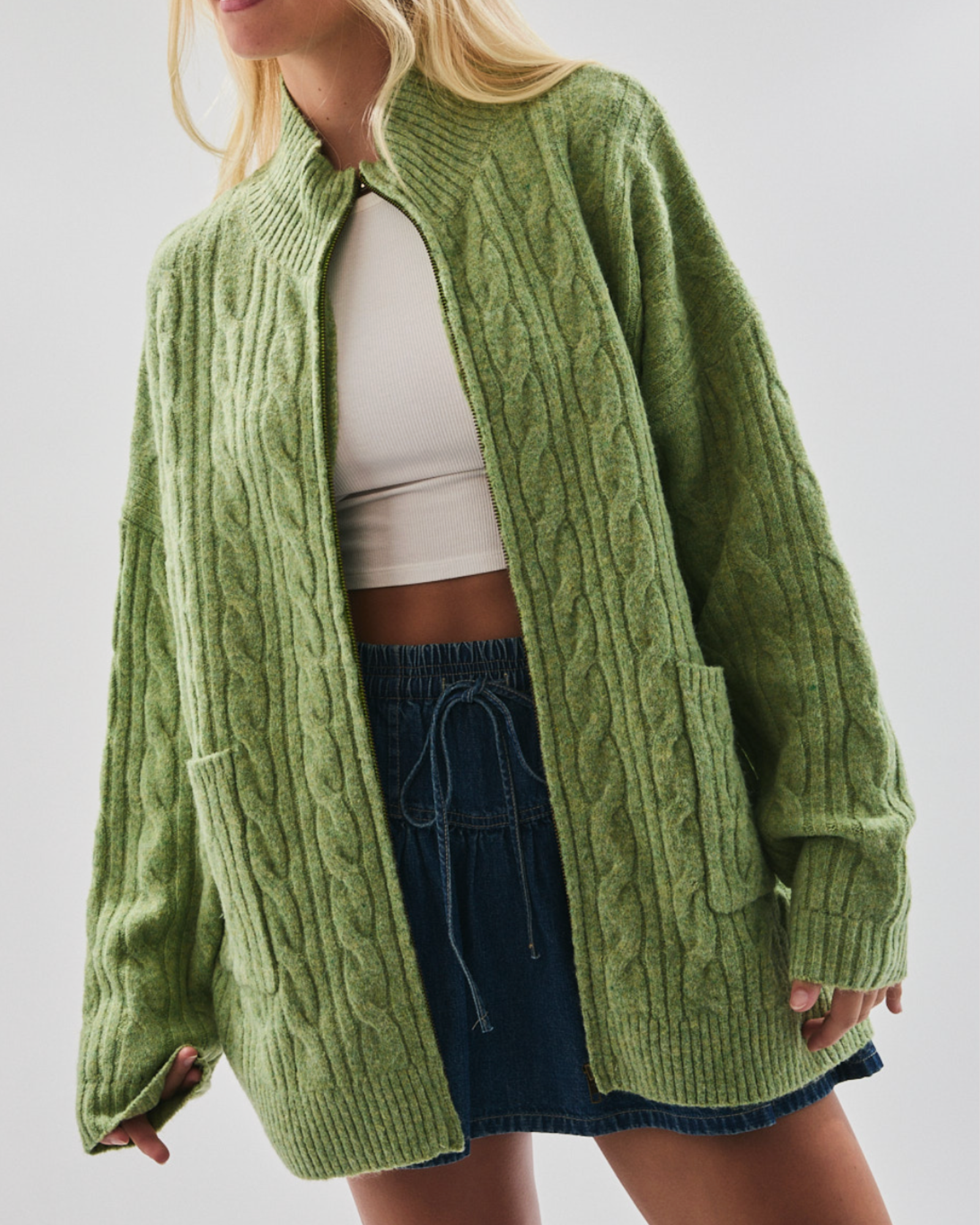olive cable knit zipper sweater