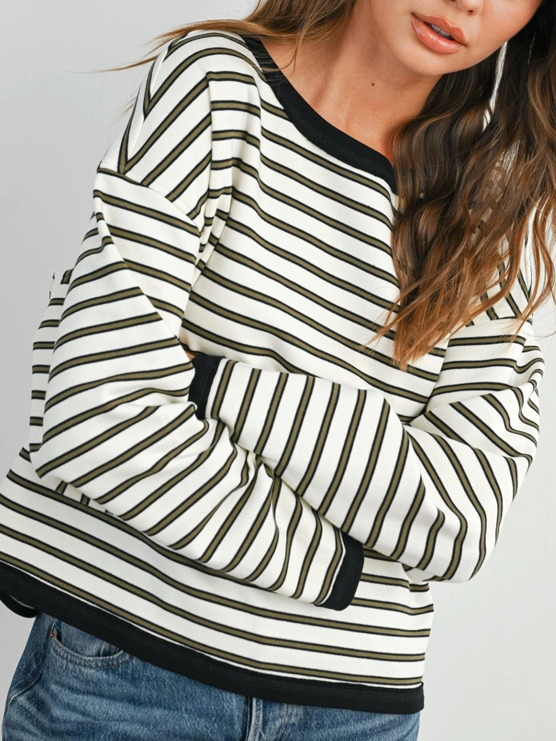 olive striped long sleeve top