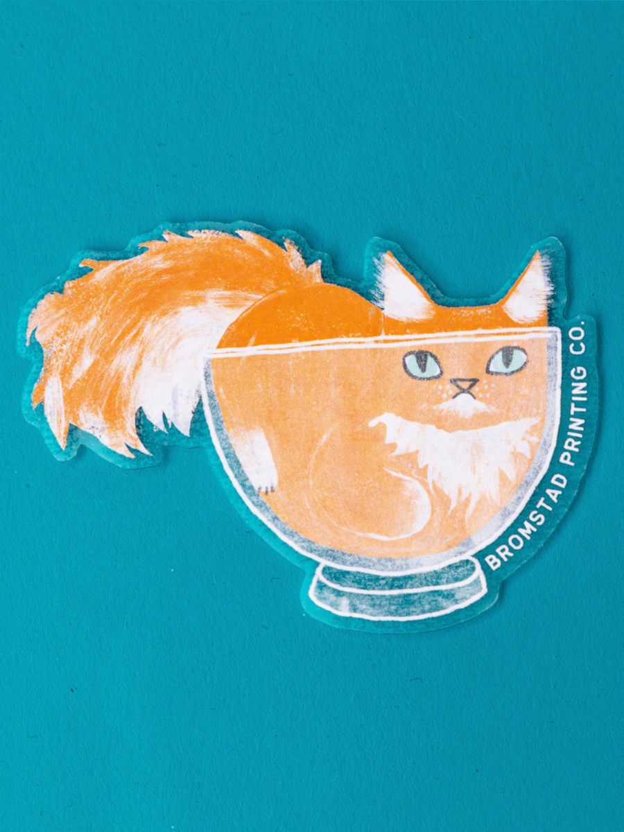 orance cat in a bowl clear sticker