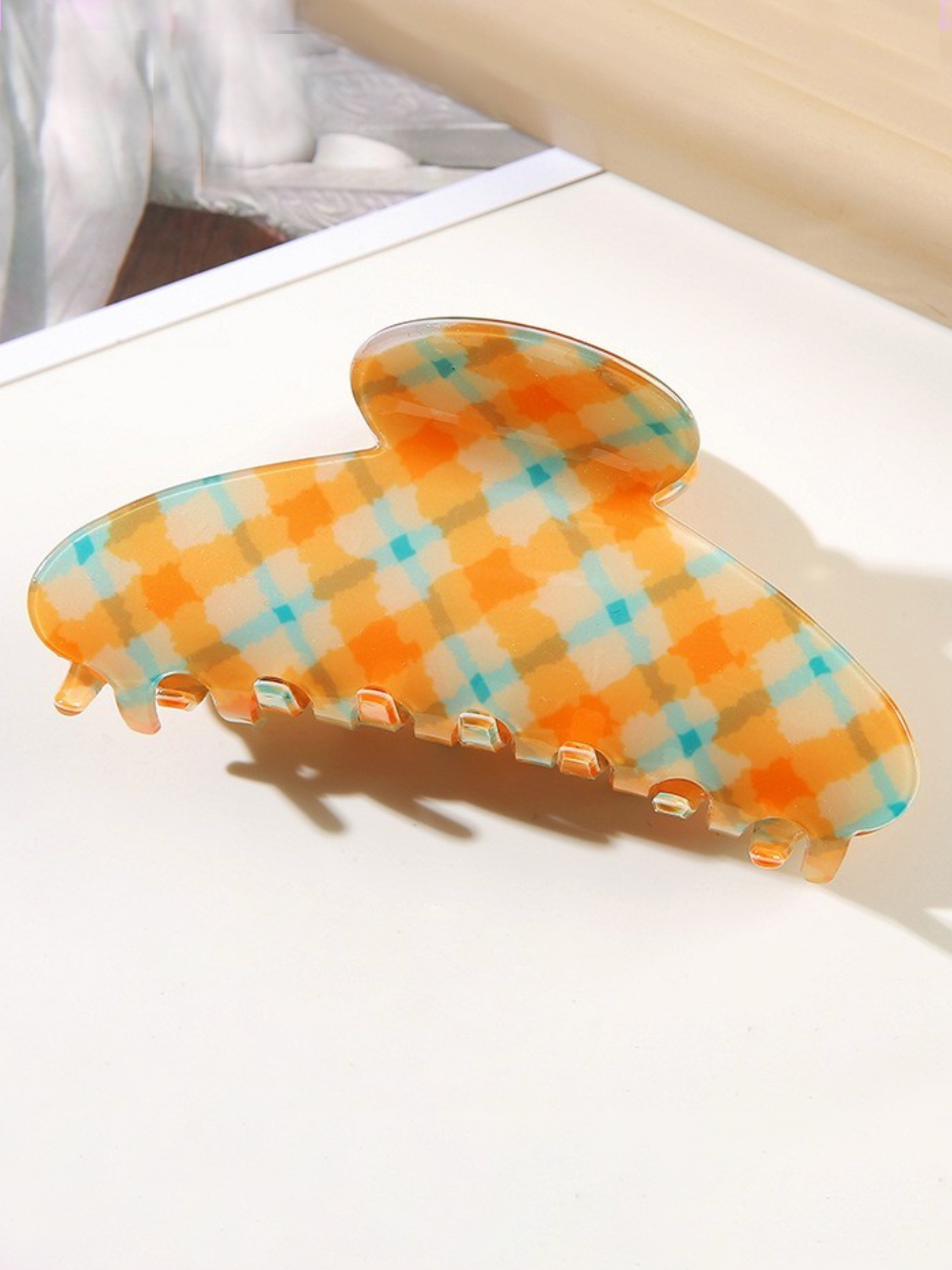 orange plaid oval hair claw clip