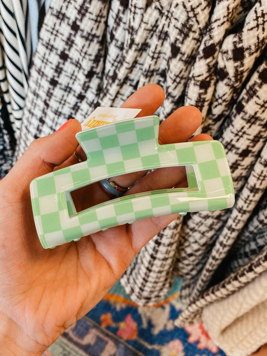 pastel green checkered claw clip