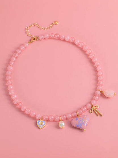 pink beaded heart charm necklace
