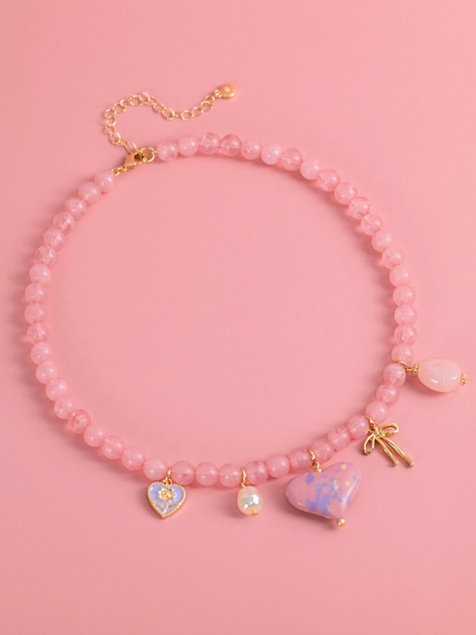 pink beaded heart charm necklace