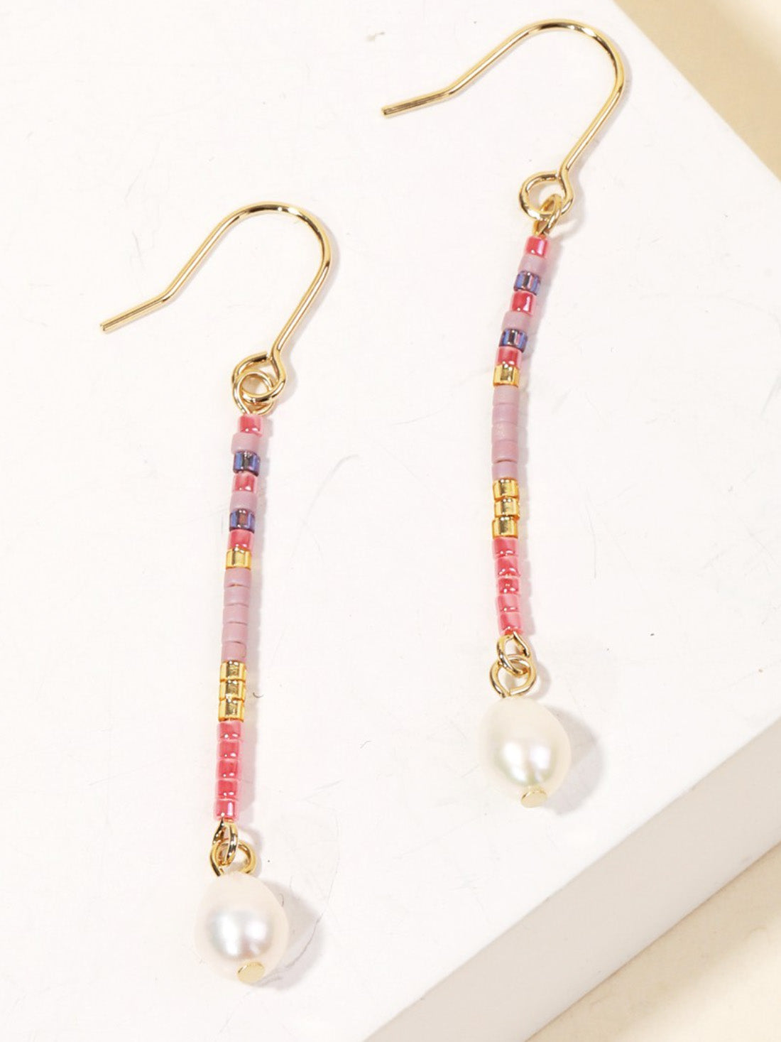 pink beaded pearl drop earrings