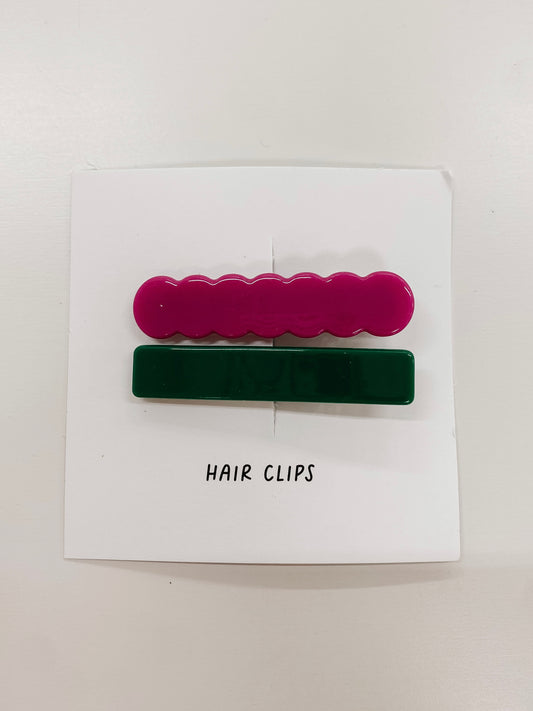 purple + green hair clips duo