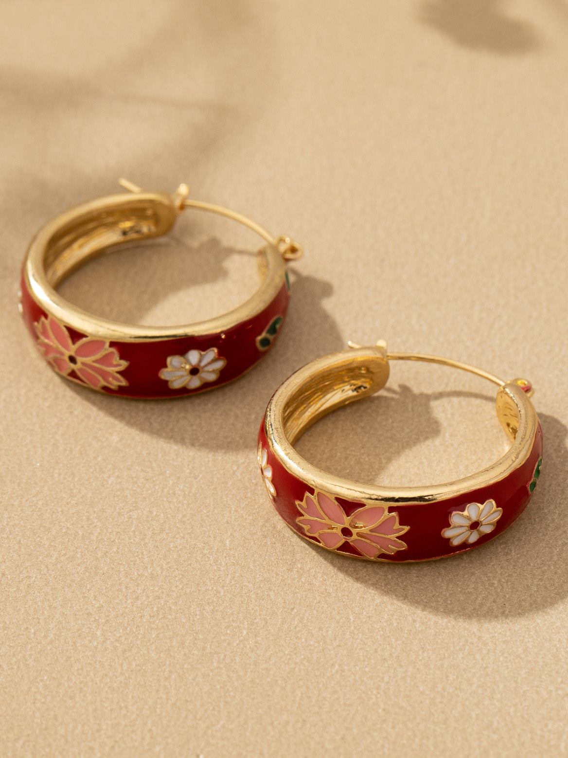 red cloisonne flower hoop earrings