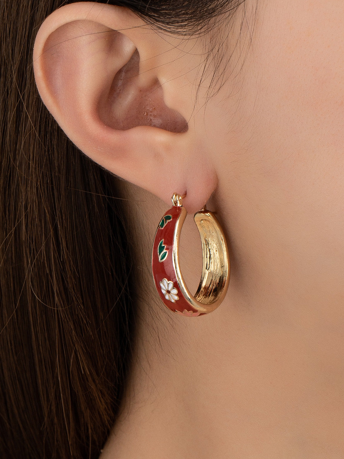 red cloisonne flower hoop earrings