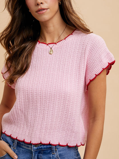 Pink Scallop Pointelle Knit Top