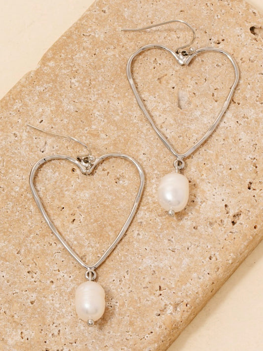 silver wire heart pearl earrings