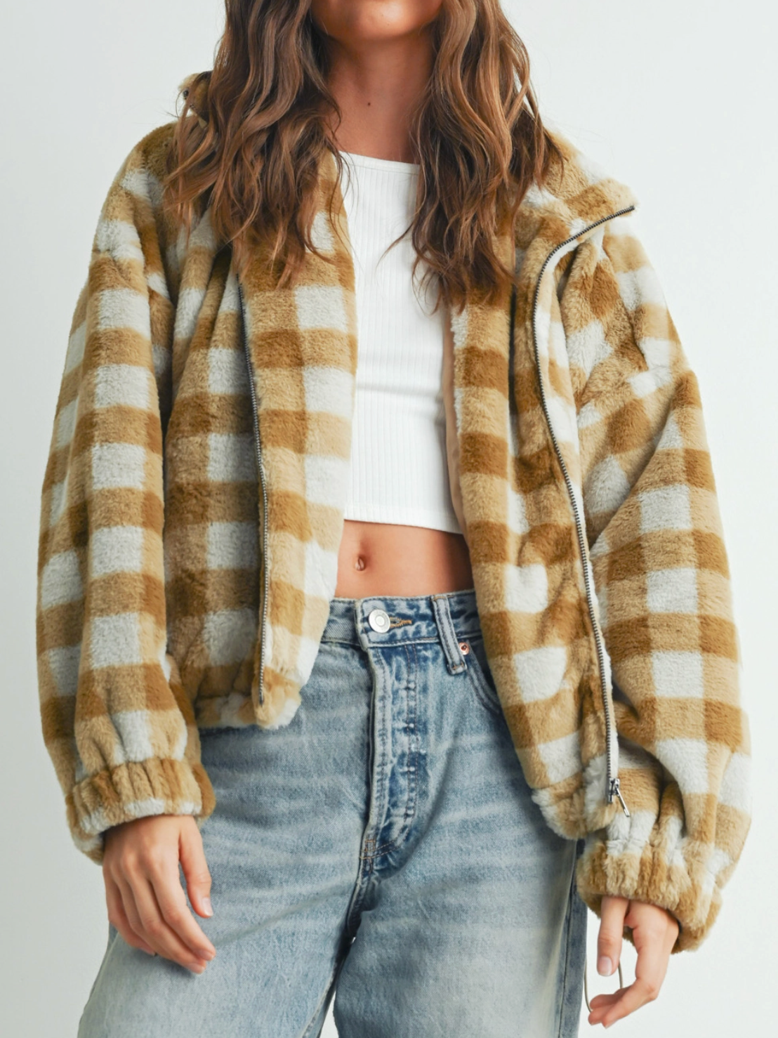 taupe plaid fuzzy jacket
