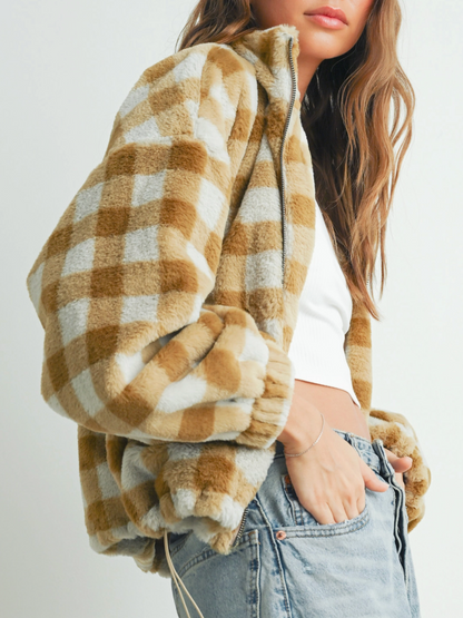 taupe plaid fuzzy jacket