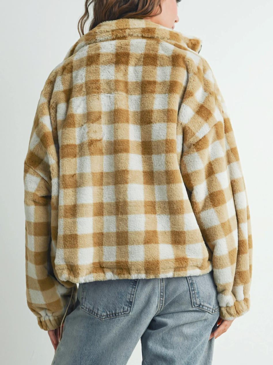 taupe plaid fuzzy jacket