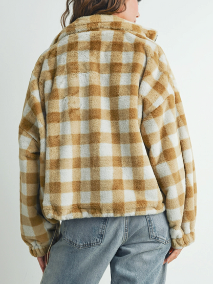 taupe plaid fuzzy jacket
