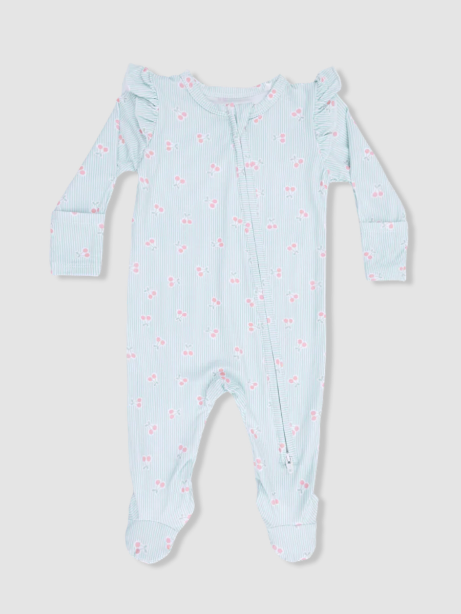 Tiny Cherry Stripe Ruffle Sleeve Zipper Footie