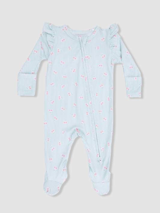 Tiny Cherry Stripe Ruffle Sleeve Zipper Footie