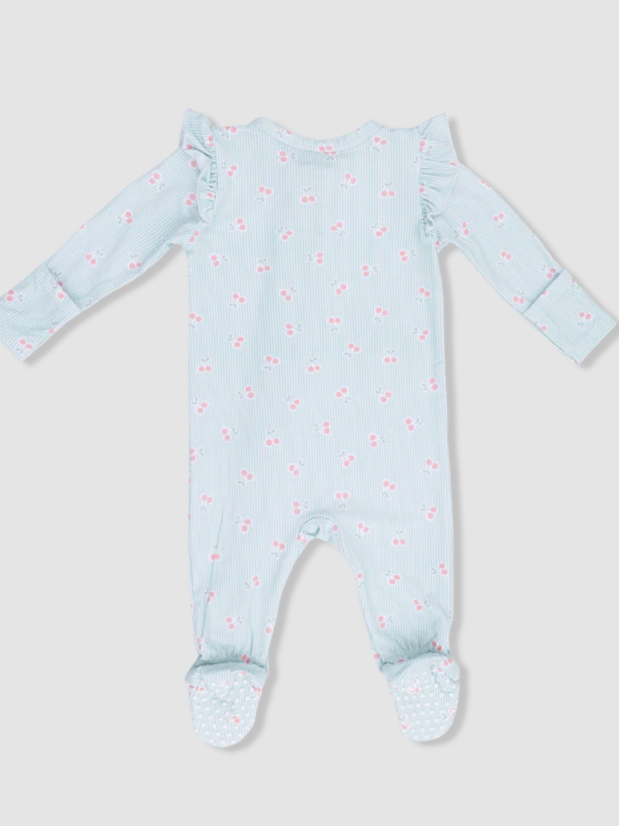 Tiny Cherry Stripe Ruffle Sleeve Zipper Footie
