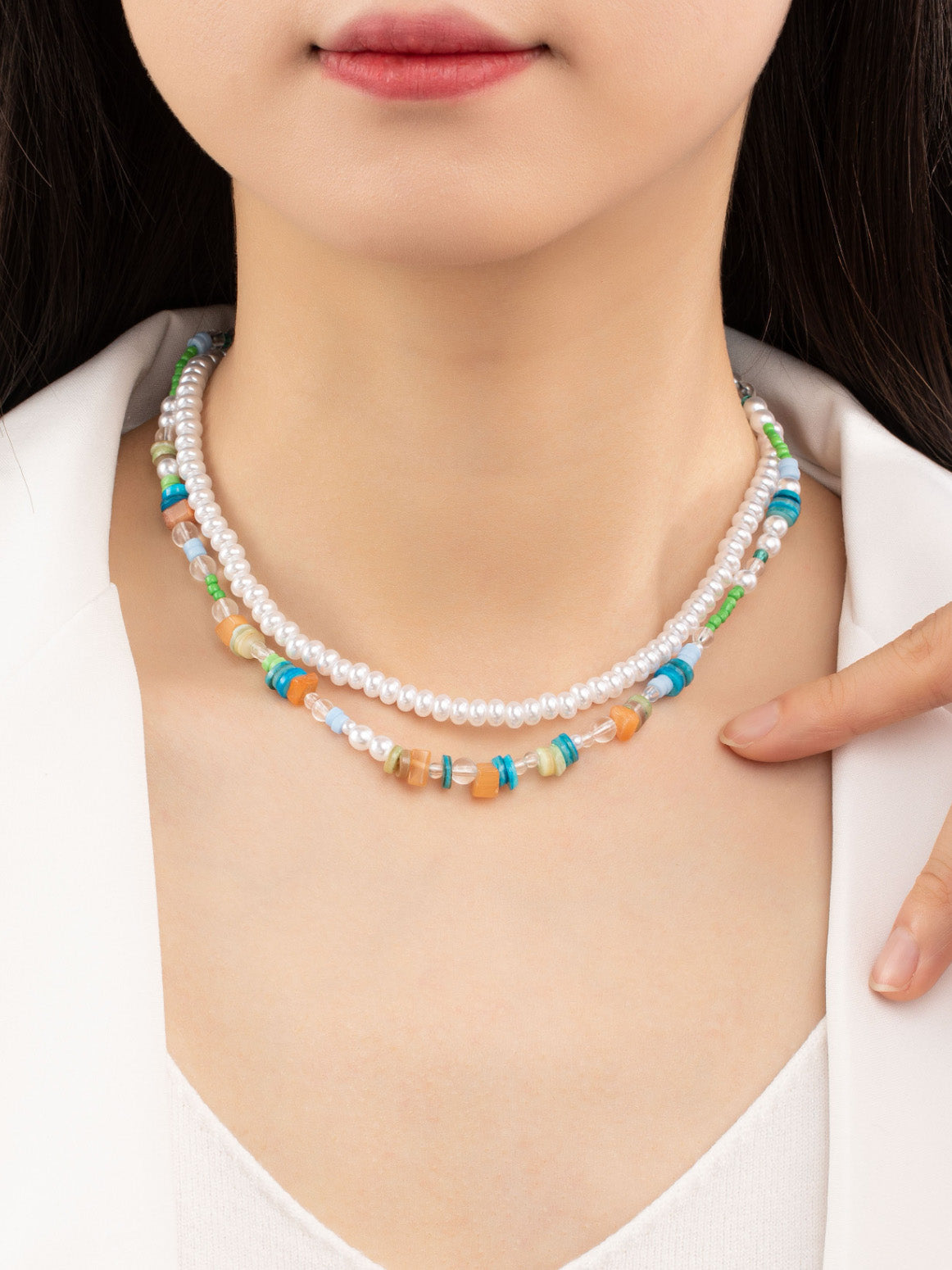 vibrant beaded pearl necklace duo