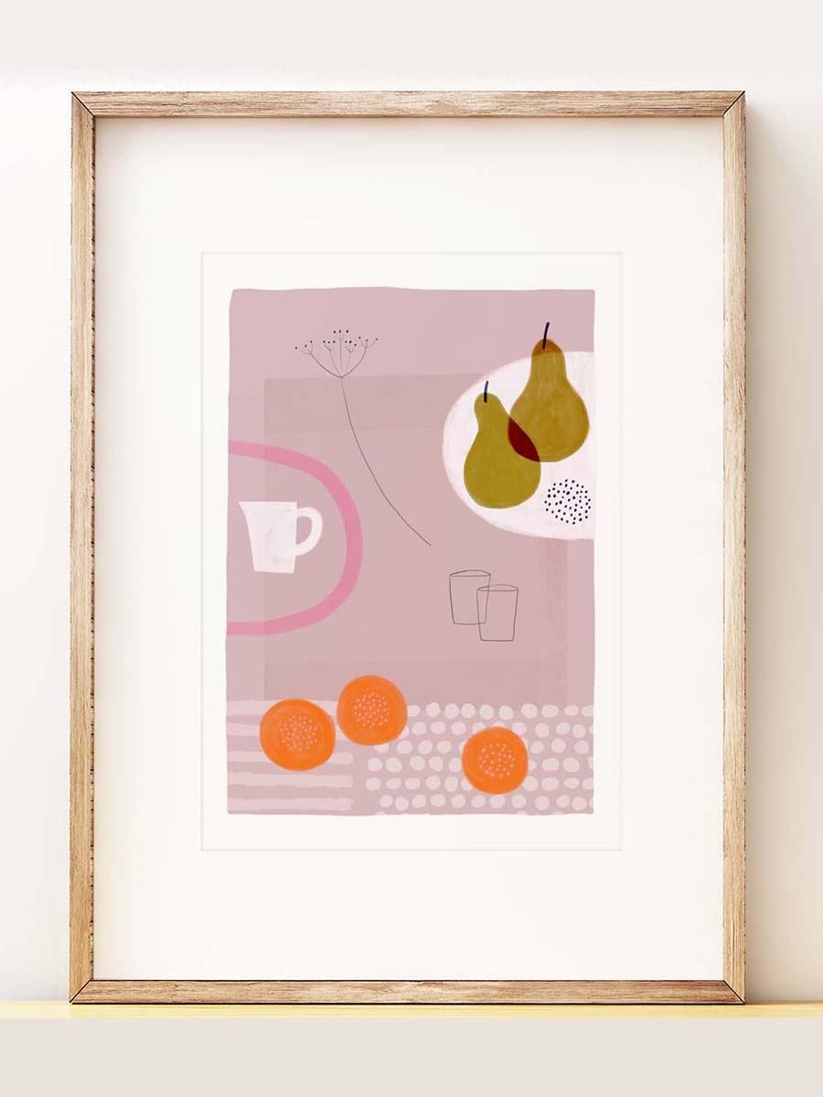 the pears still life print in a frame